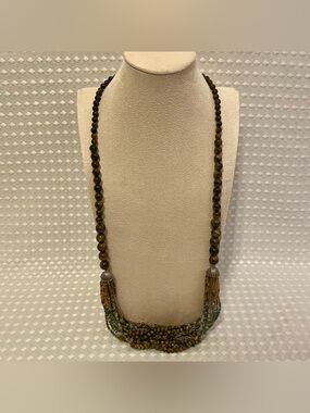 Vintage MONET Tiger's‎ Eye Beaded Tassel Bib Necklace Brass/Gold Tone  EUC